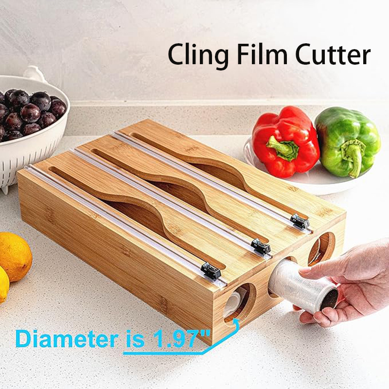 Kitchen Baking Tray Organizer - 3-in-1 Bambus-Frischhaltefolien-Schneidebox, wandmontierter Aufbewahrungsbeutel-Organizer, Haushaltsküchen-Verpackungsverteiler, Schneidebox