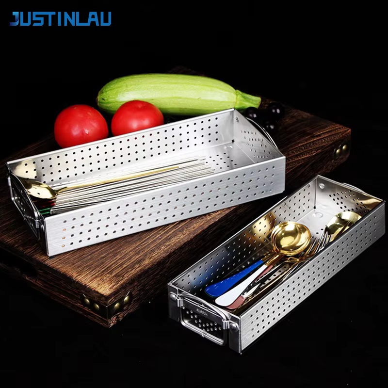 Kitchen Baking Tray Organizer - JUSTINLAU Edelstahl-Besteckkasten mit Stäbchenhalter, Küchenbesteck-Abtropfgestell, Aufbewahrungsbox