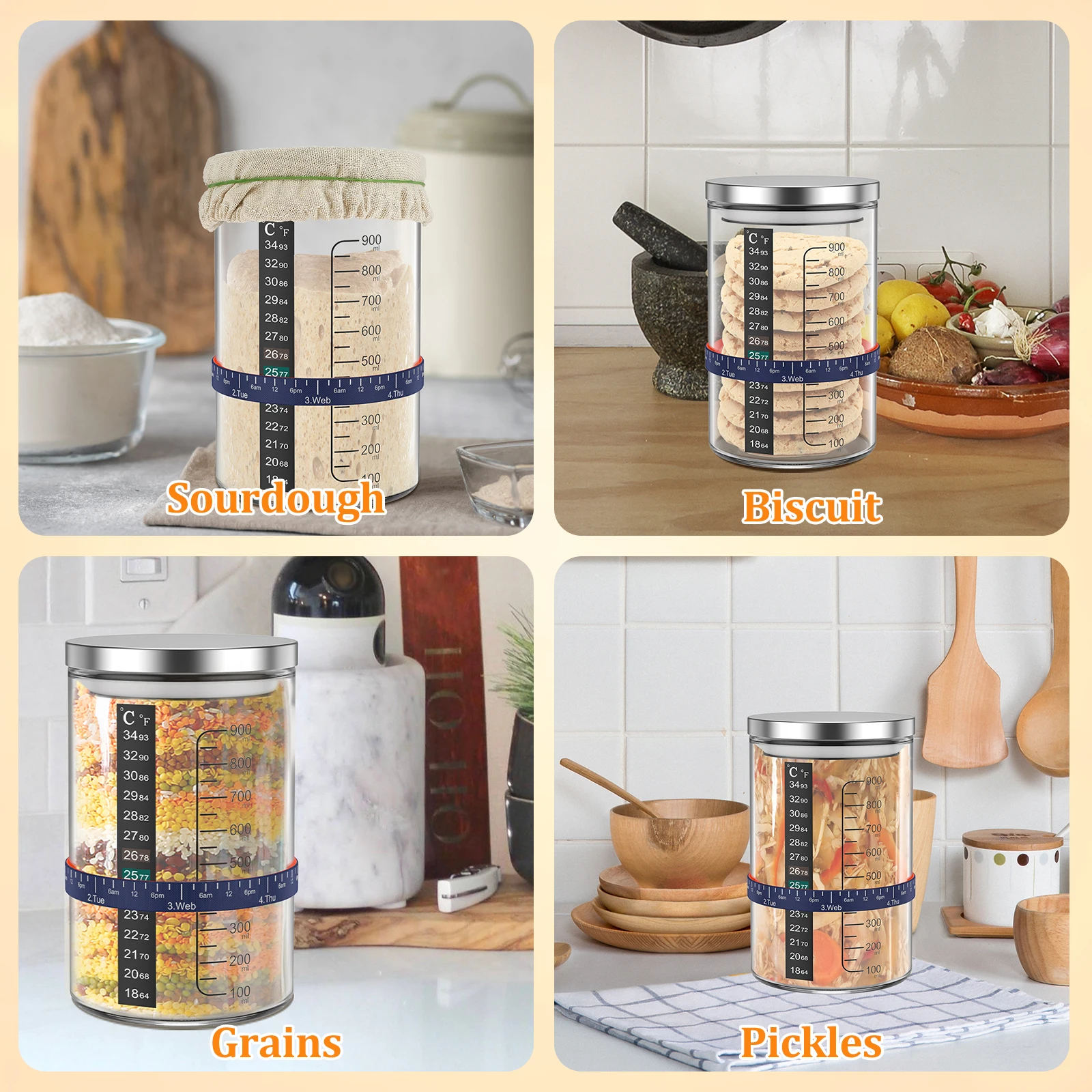 Kitchen Baking Soda - 900ml Sauerteig-Starter-Glasbehälter aus Klarglas mit Zubehör
